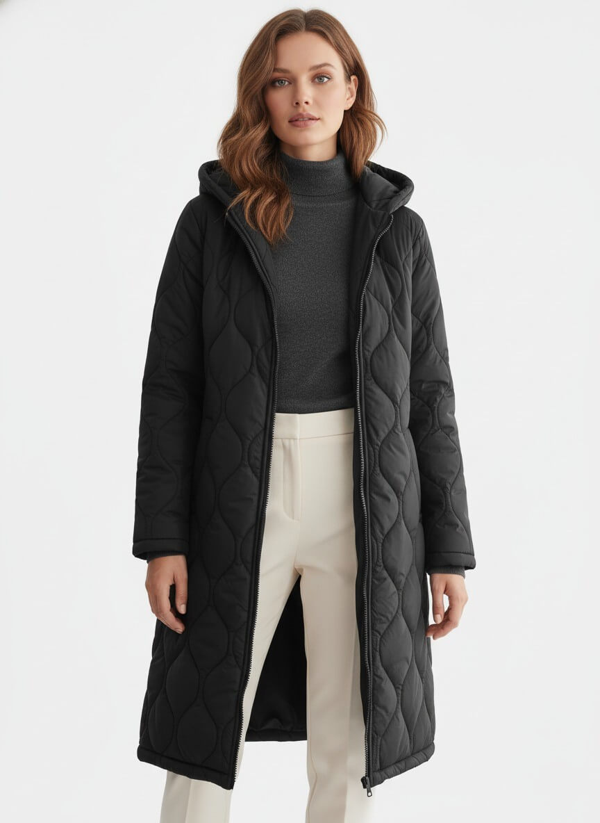 Sofia Maris Women’s Black Long Quilted Puffer Coat – Refined Warmth in Classic Form - Sofia Maris