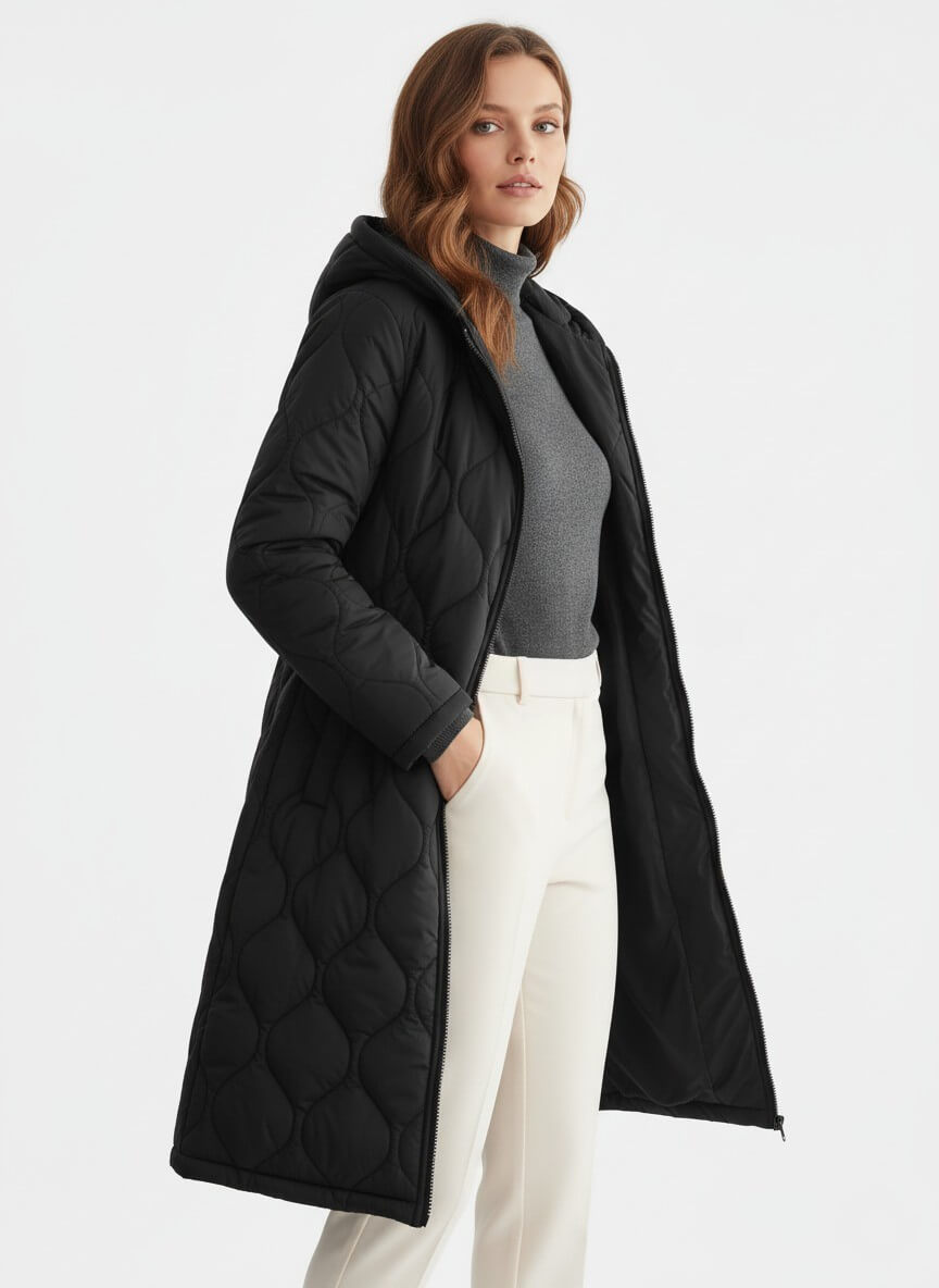 Sofia Maris Women’s Black Long Quilted Puffer Coat – Refined Warmth in Classic Form - Sofia Maris