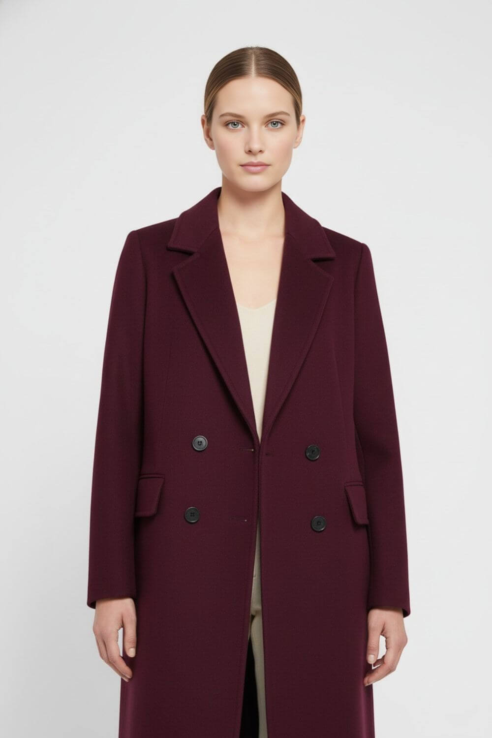 Women’s Long Wool Coat – Double-Breasted Lapel - Sofia Maris