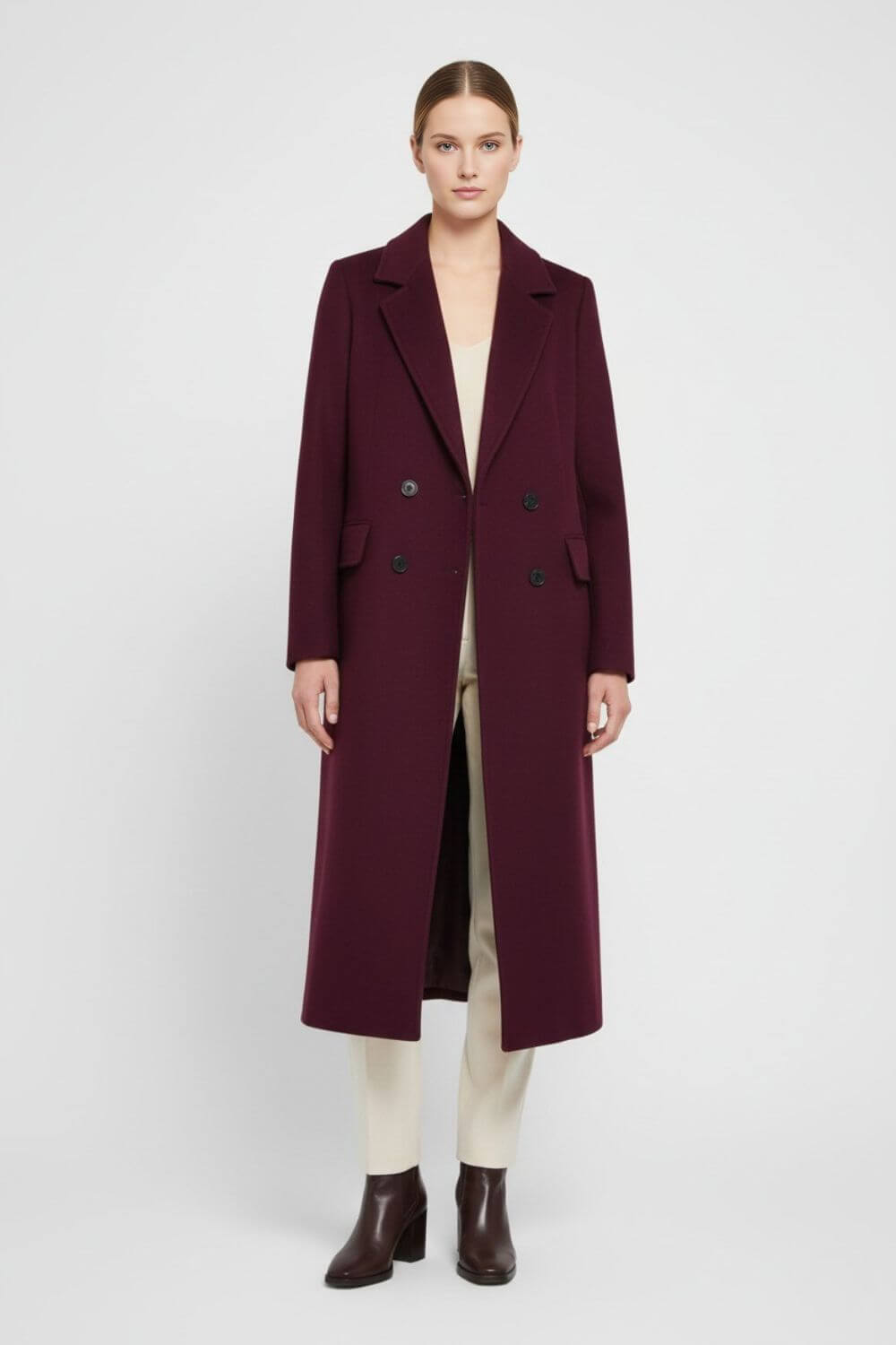 Women’s Long Wool Coat – Double-Breasted Lapel - Sofia Maris