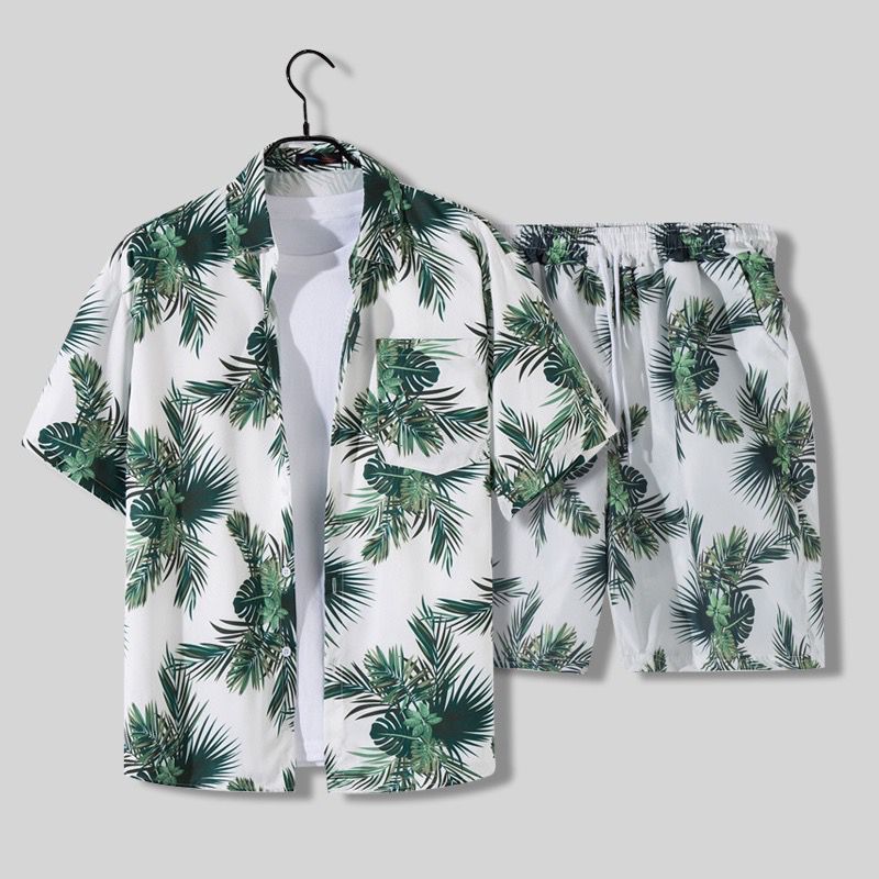 Men’s Palm Print Short Sleeve Shirt and Drawstring Shorts Two Piece Summer Set