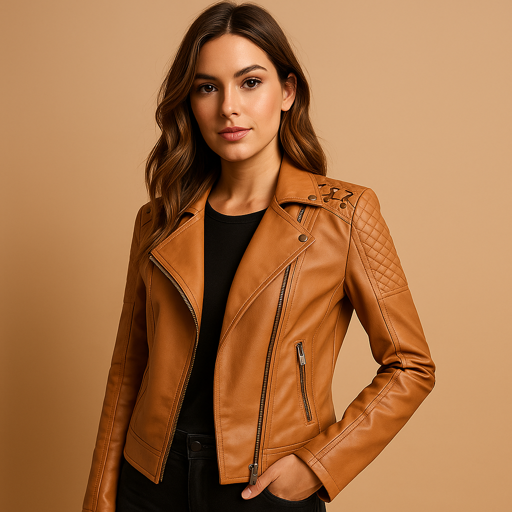 Faux leather jacket with stand-up collar for women - Sofia Maris