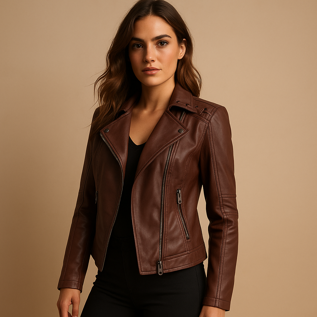 Faux leather jacket with stand-up collar for women - Sofia Maris