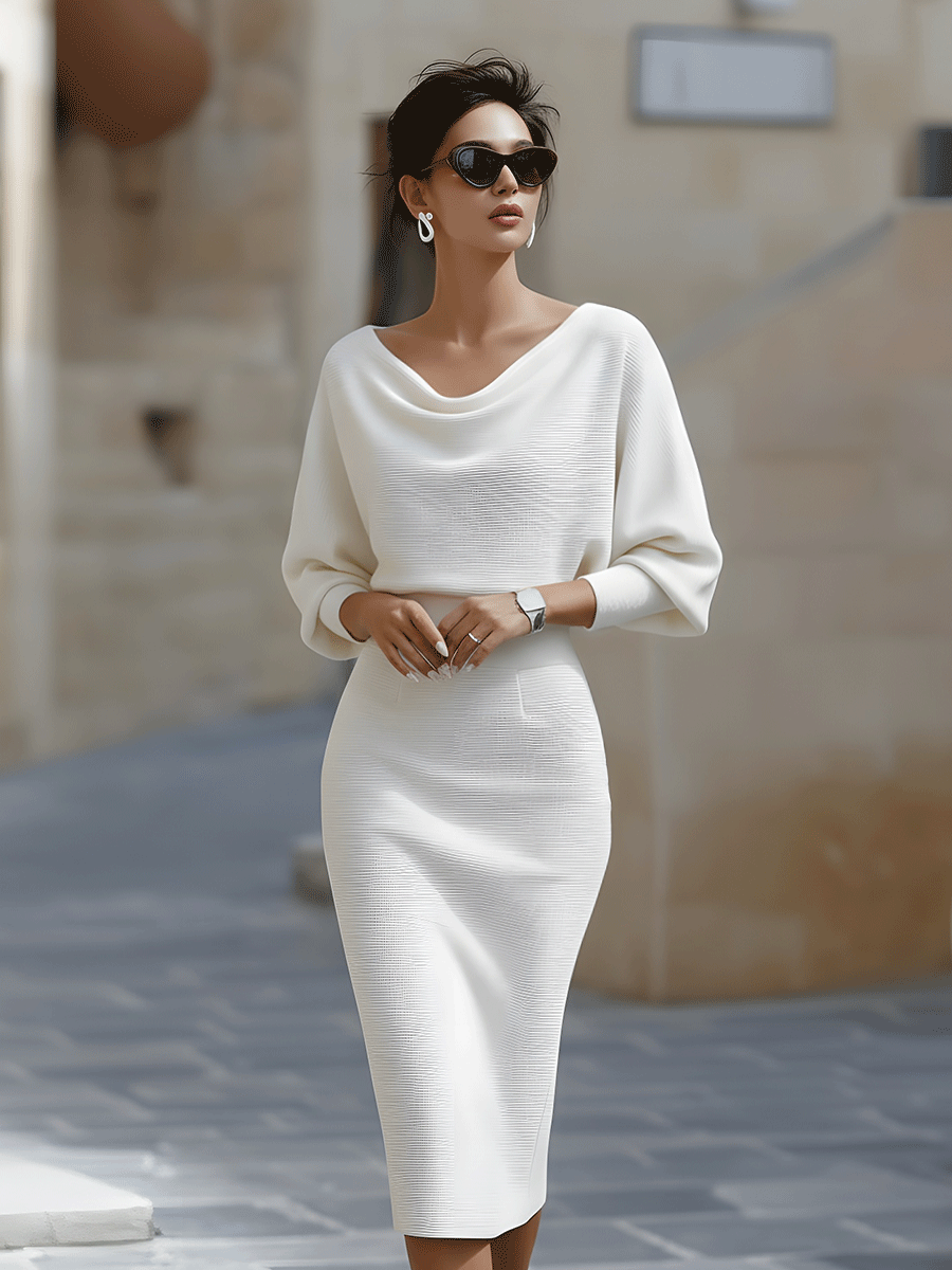 Charlotte | Women Draped Batwing Sleeve Midi Elegant Dress