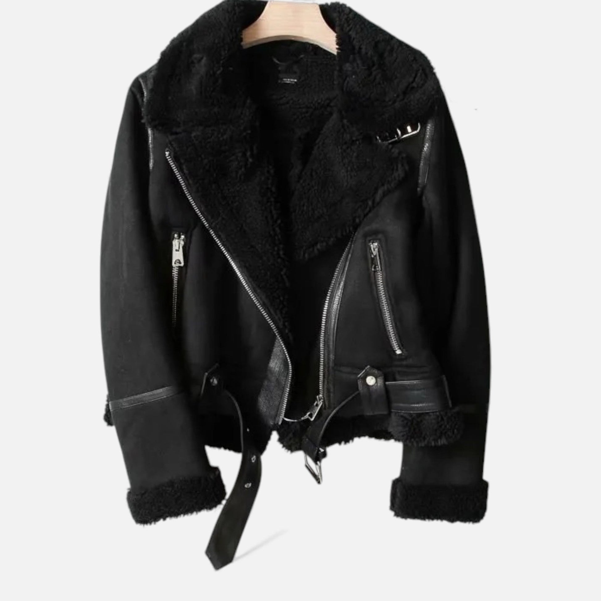 Sofia Maris | Women’s Suede & Lambswool Lapel Motorcycle Jacket
