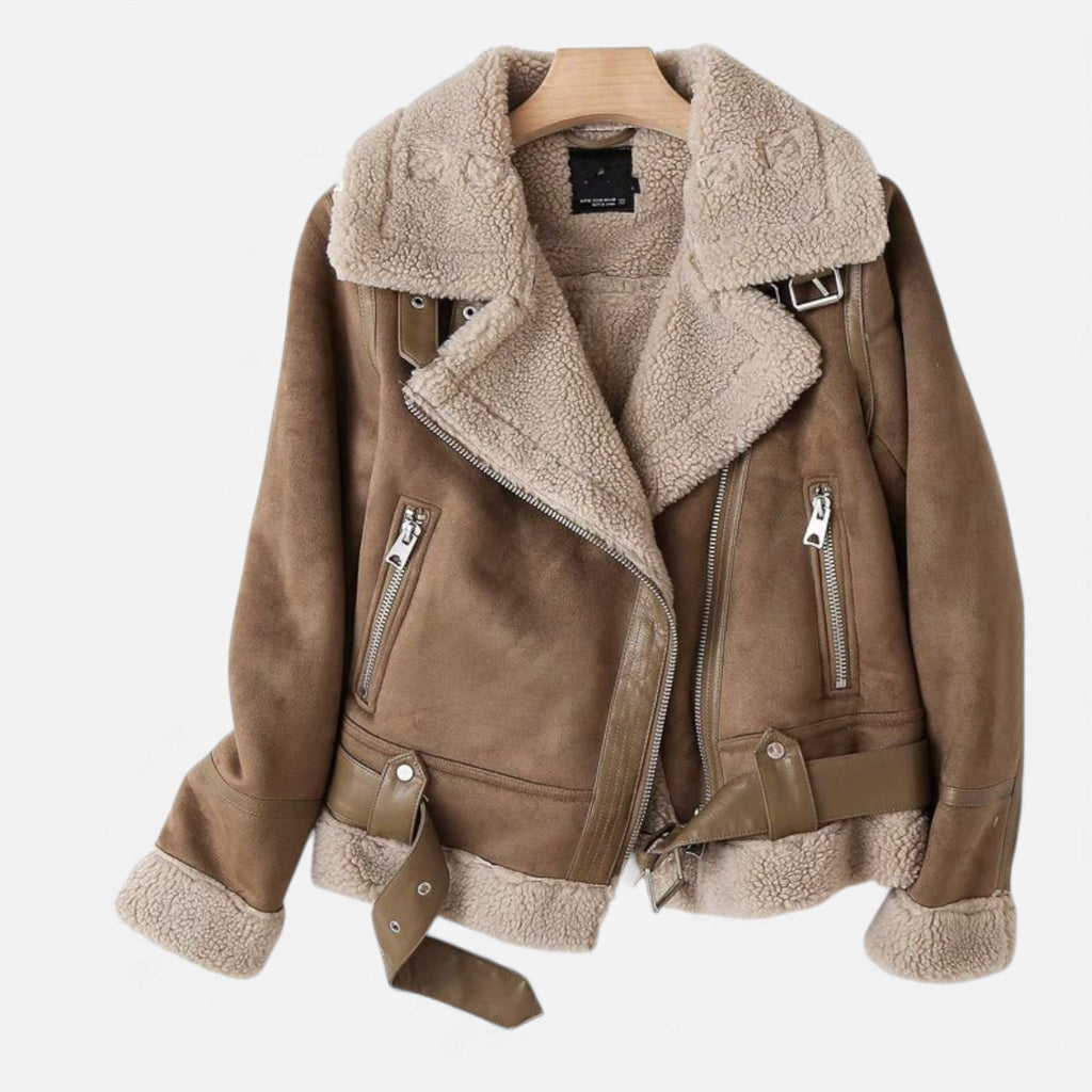 Sofia Maris | Women’s Suede & Lambswool Lapel Motorcycle Jacket