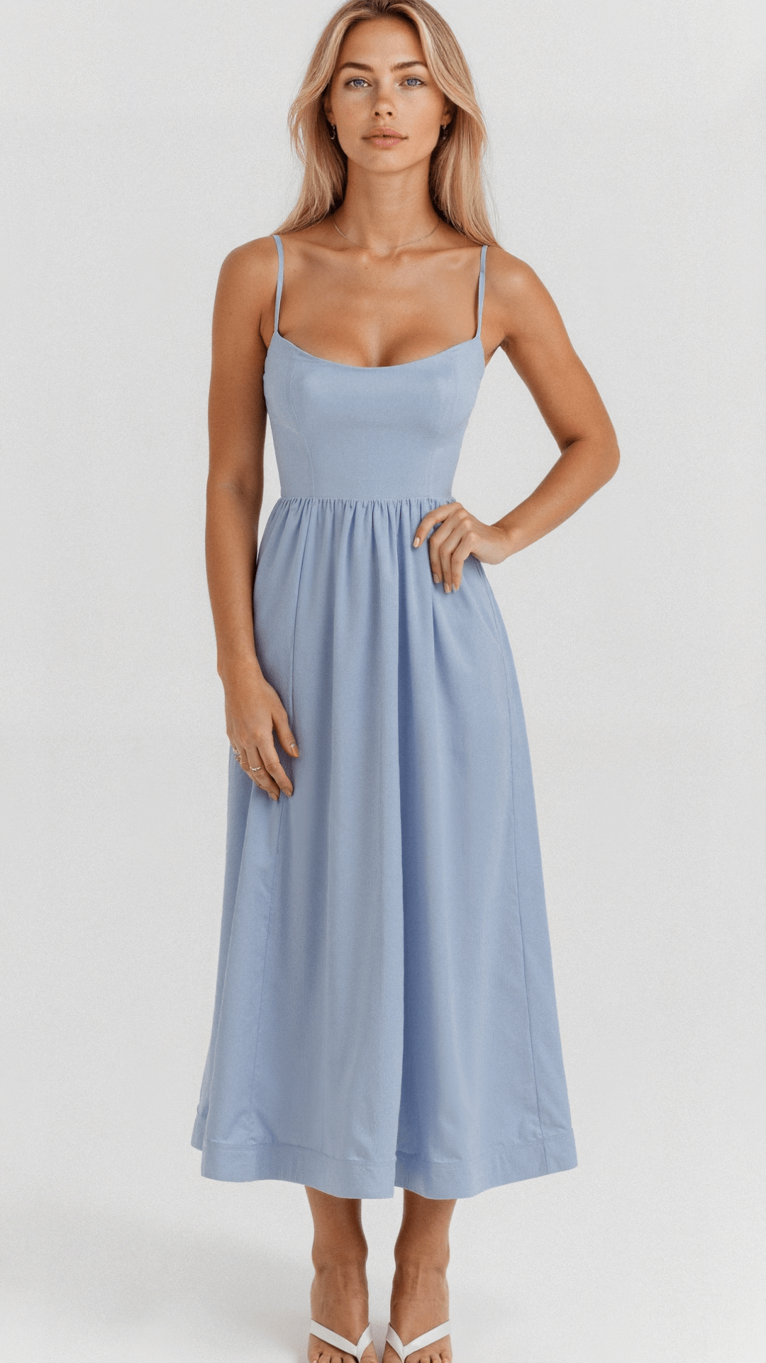 Women's Midi Dress with Spaghetti Straps and A-Line Silhouette - Sofia Maris