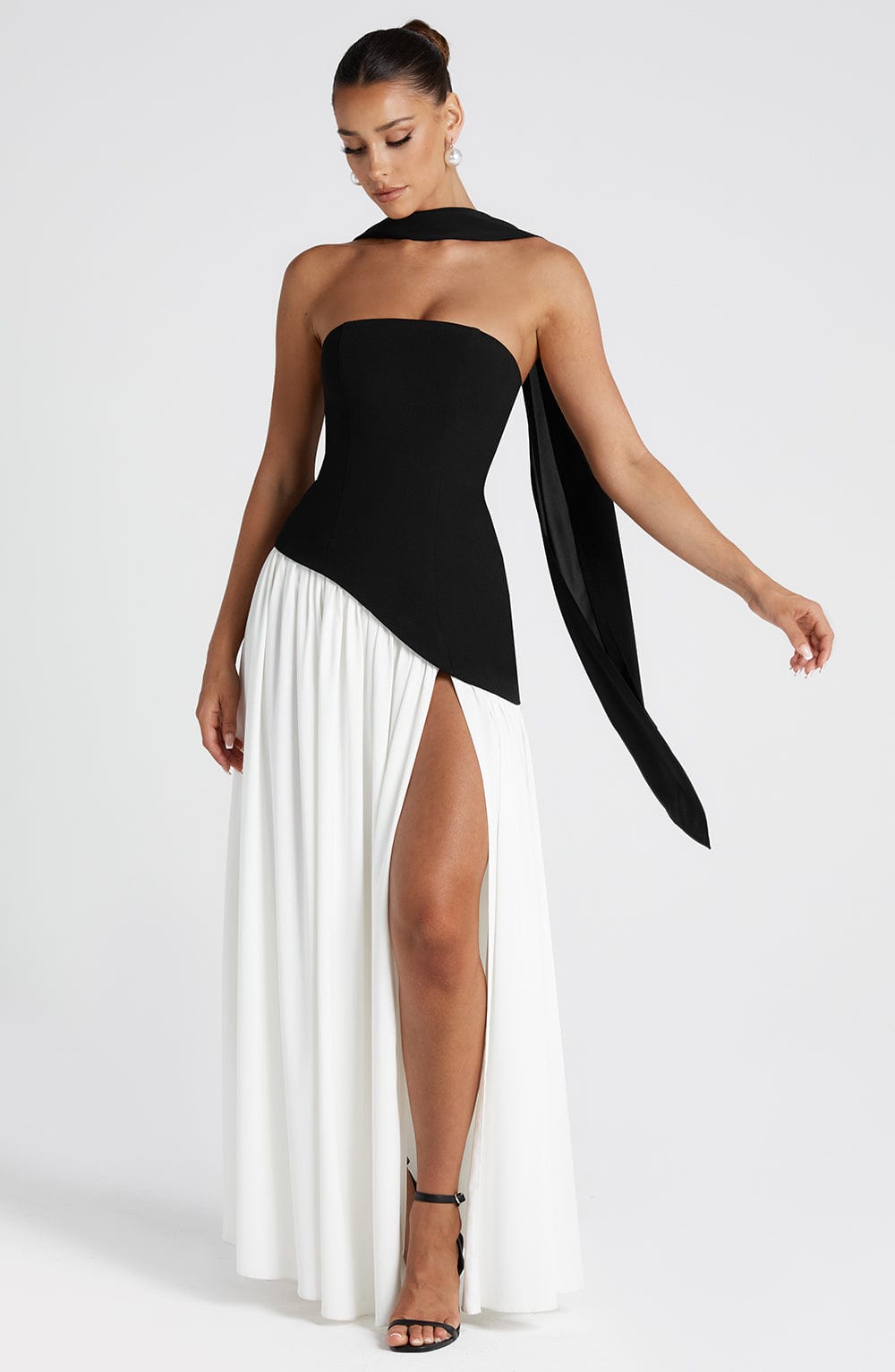 Women's Strapless Maxi Dress with High Slit and Asymmetric Waist - Sofia Maris