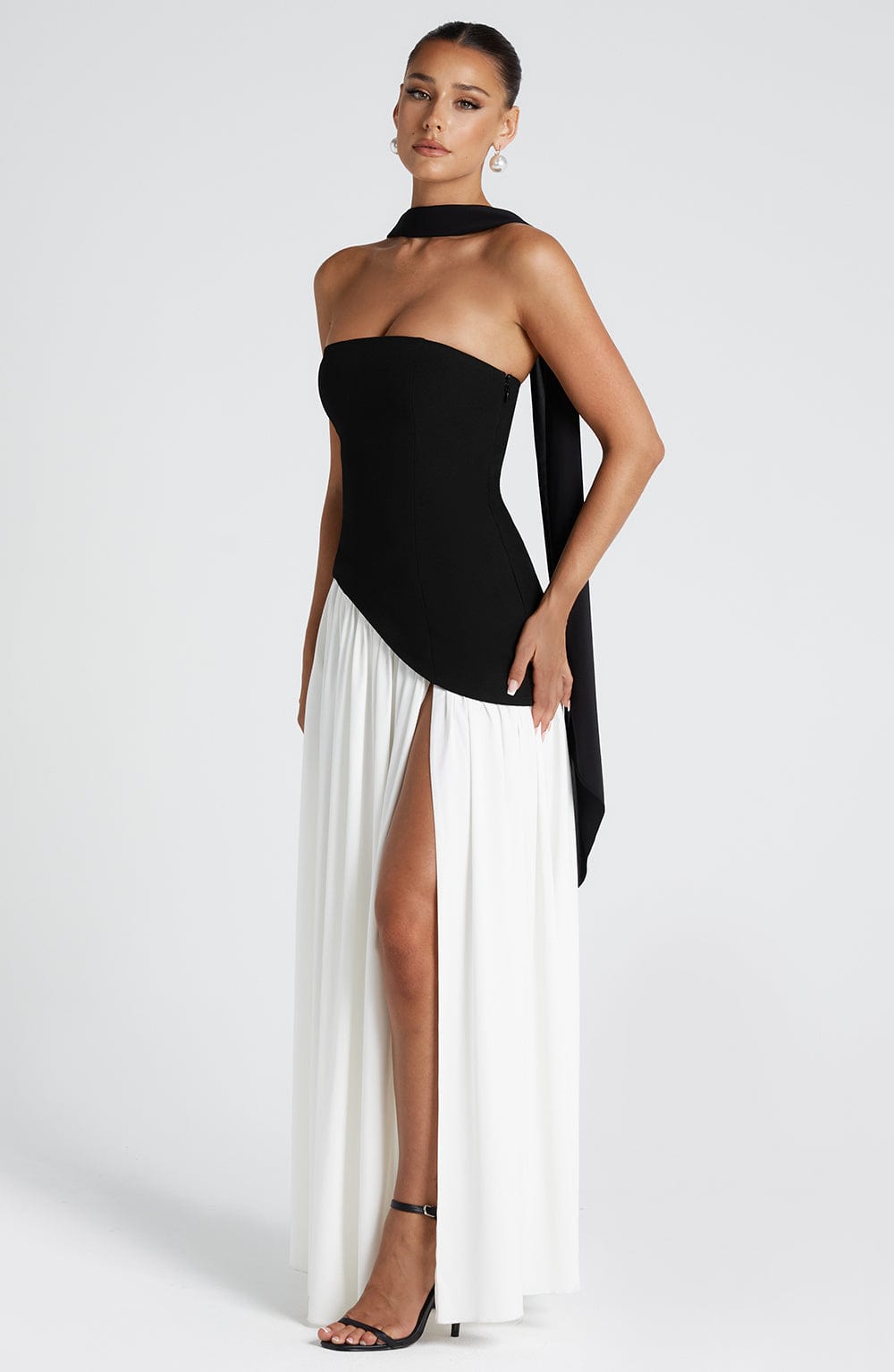 Women's Strapless Maxi Dress with High Slit and Asymmetric Waist - Sofia Maris