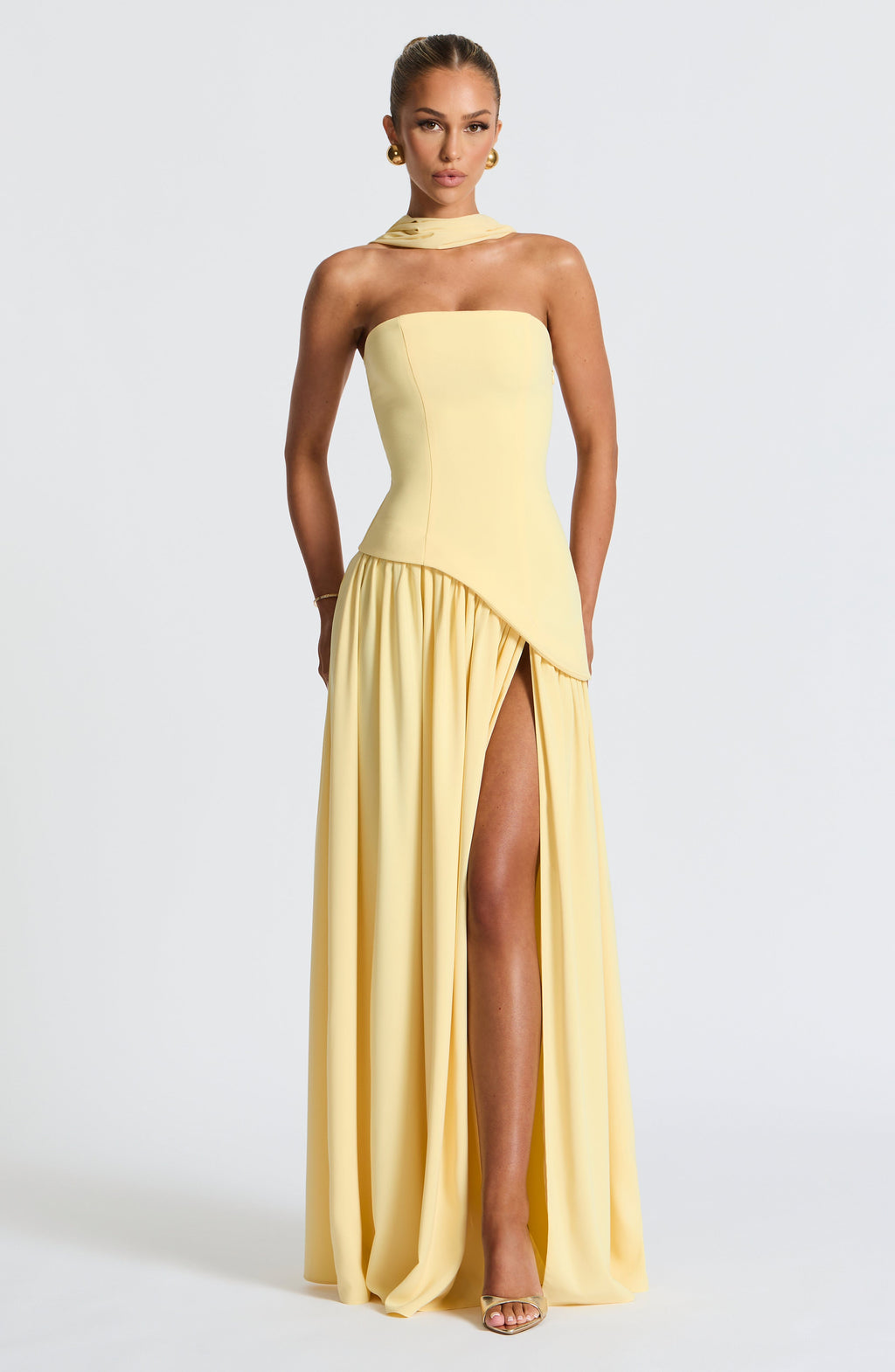 Women's Strapless Maxi Dress with High Slit and Asymmetric Waist - Sofia Maris
