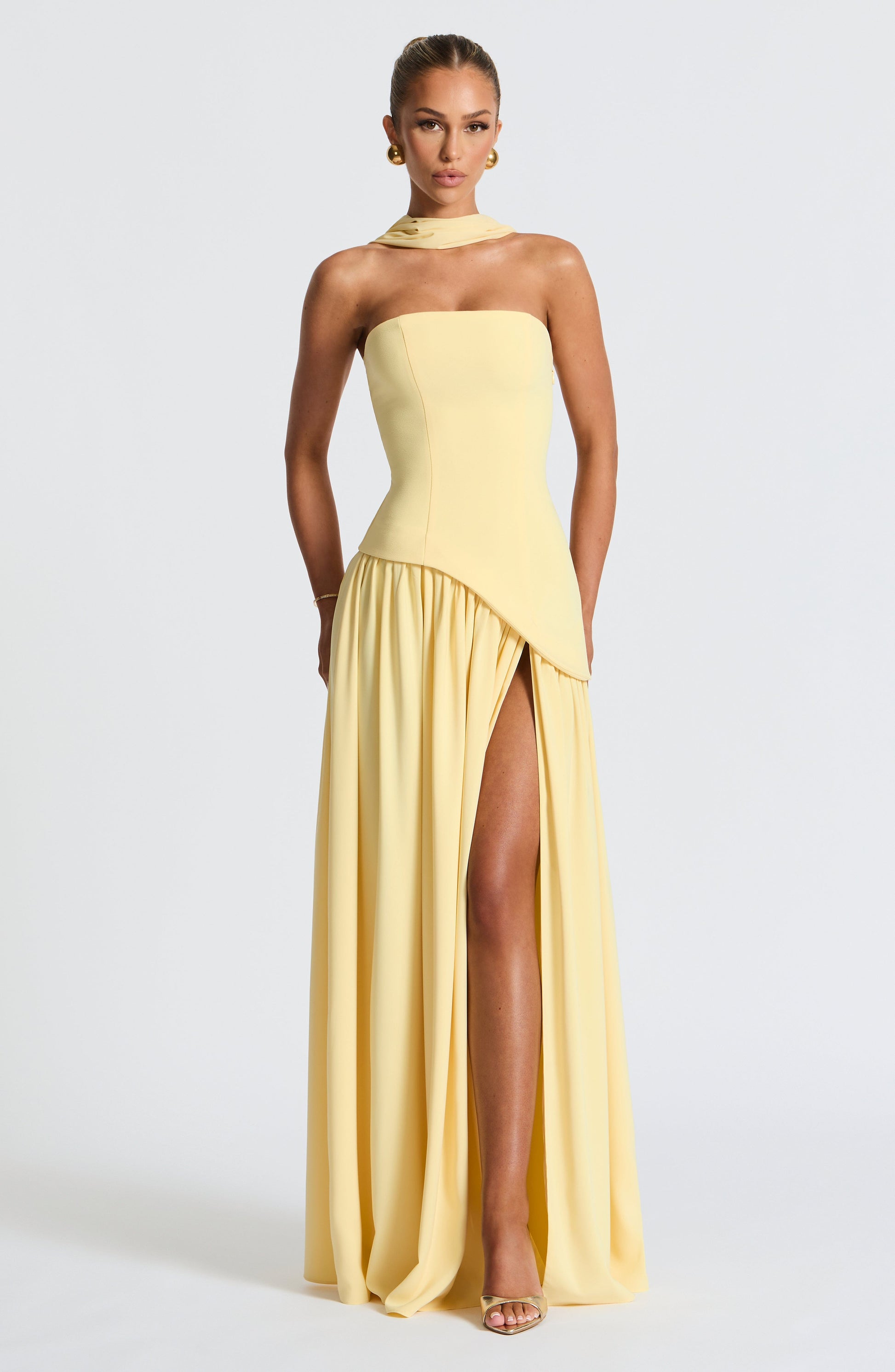 Women's Strapless Maxi Dress with High Slit and Asymmetric Waist - Sofia Maris