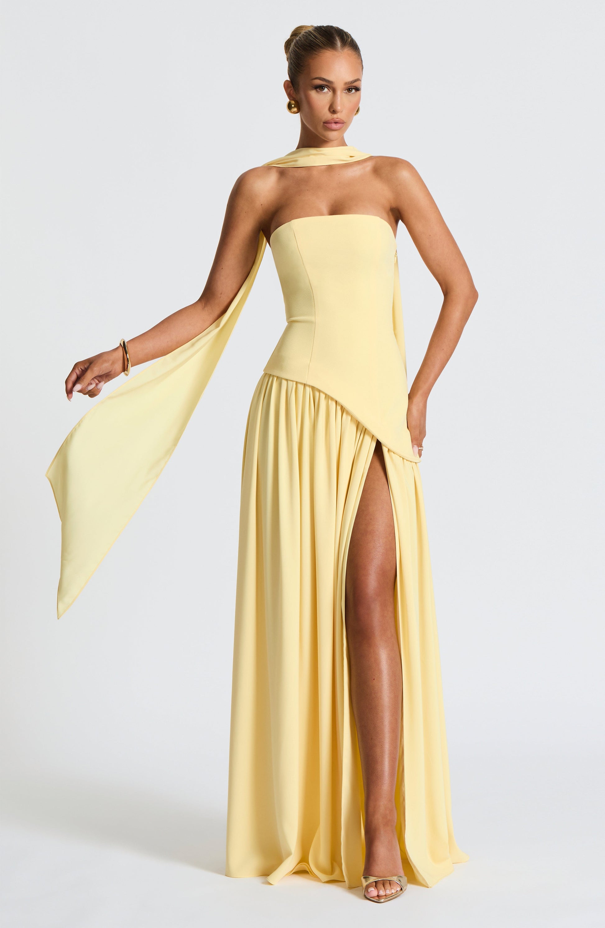 Women's Strapless Maxi Dress with High Slit and Asymmetric Waist - Sofia Maris