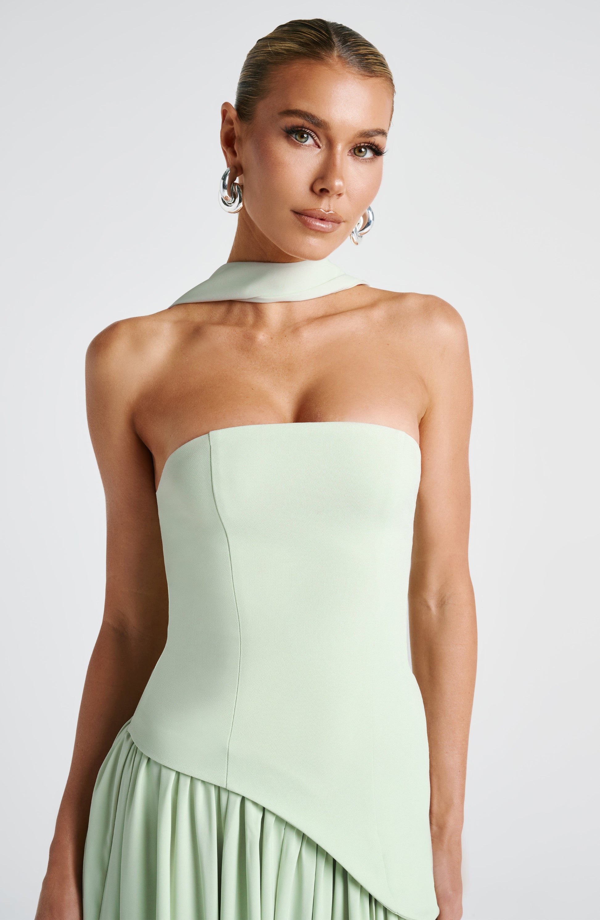 Women's Strapless Maxi Dress with High Slit and Asymmetric Waist - Sofia Maris