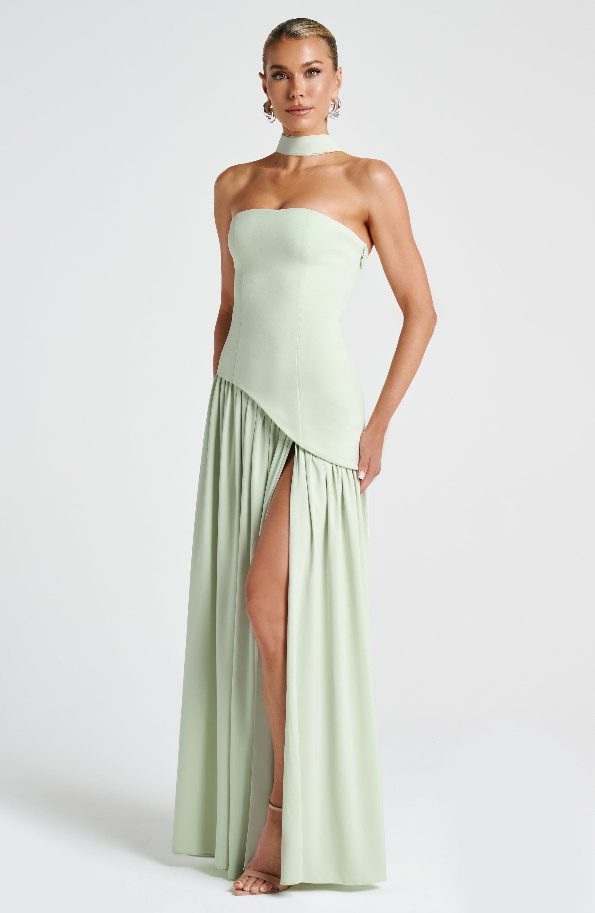 Women's Strapless Maxi Dress with High Slit and Asymmetric Waist - Sofia Maris