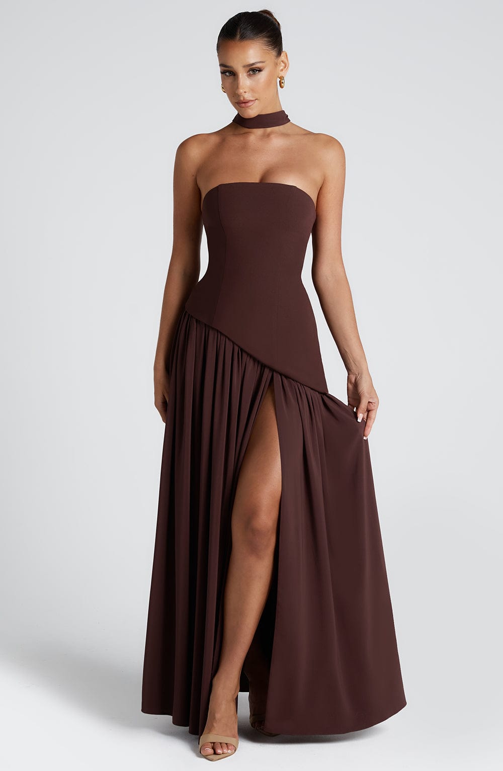 Women's Strapless Maxi Dress with High Slit and Asymmetric Waist - Sofia Maris