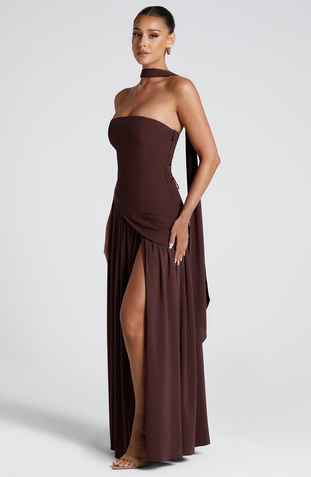 Women's Strapless Maxi Dress with High Slit and Asymmetric Waist - Sofia Maris