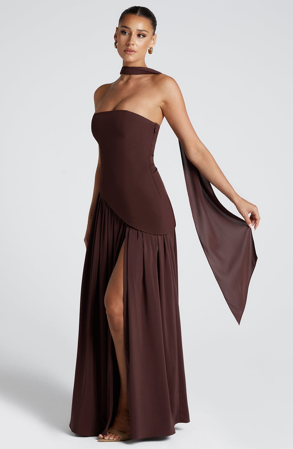 Women's Strapless Maxi Dress with High Slit and Asymmetric Waist - Sofia Maris