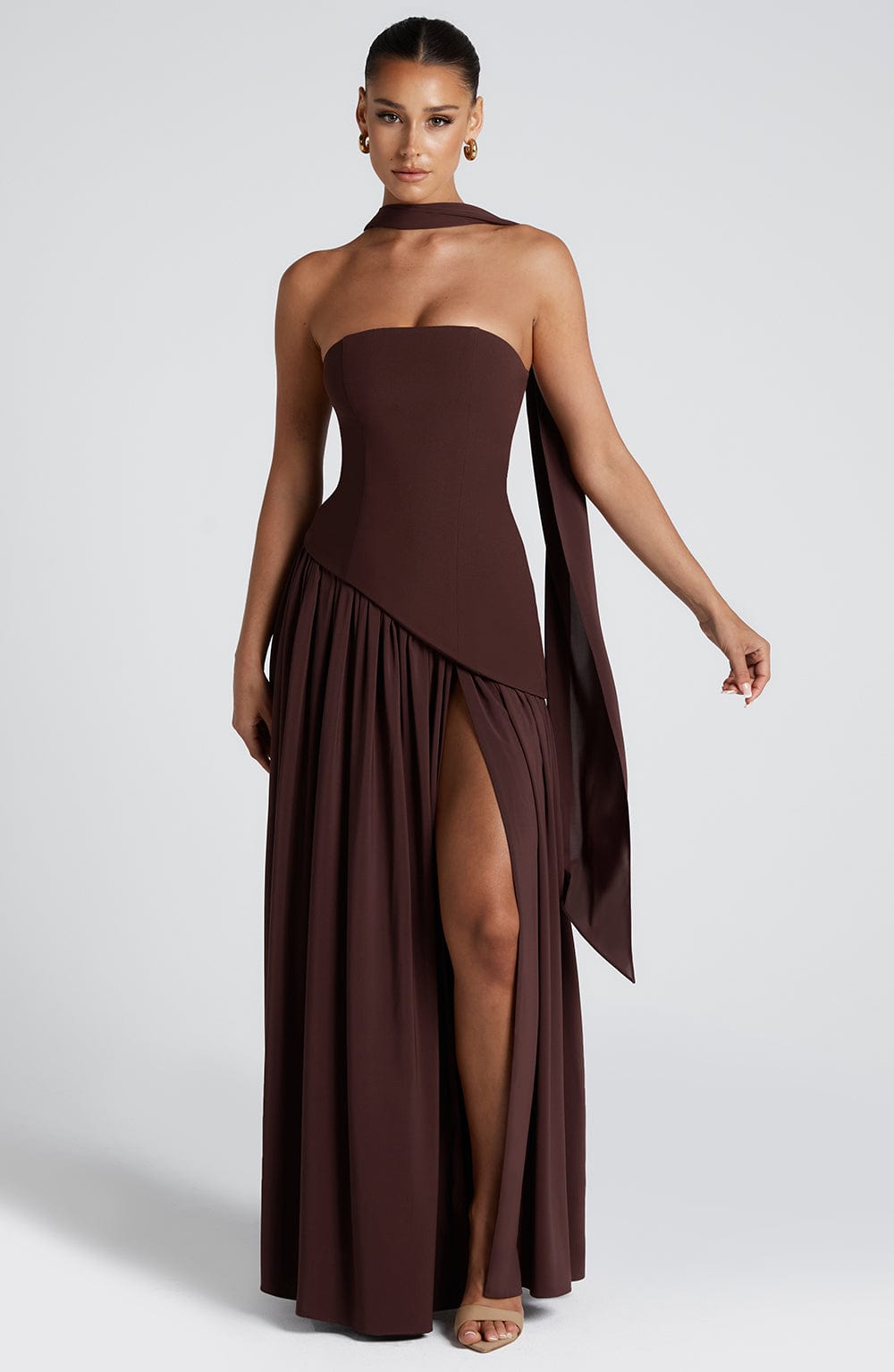 Women's Strapless Maxi Dress with High Slit and Asymmetric Waist - Sofia Maris