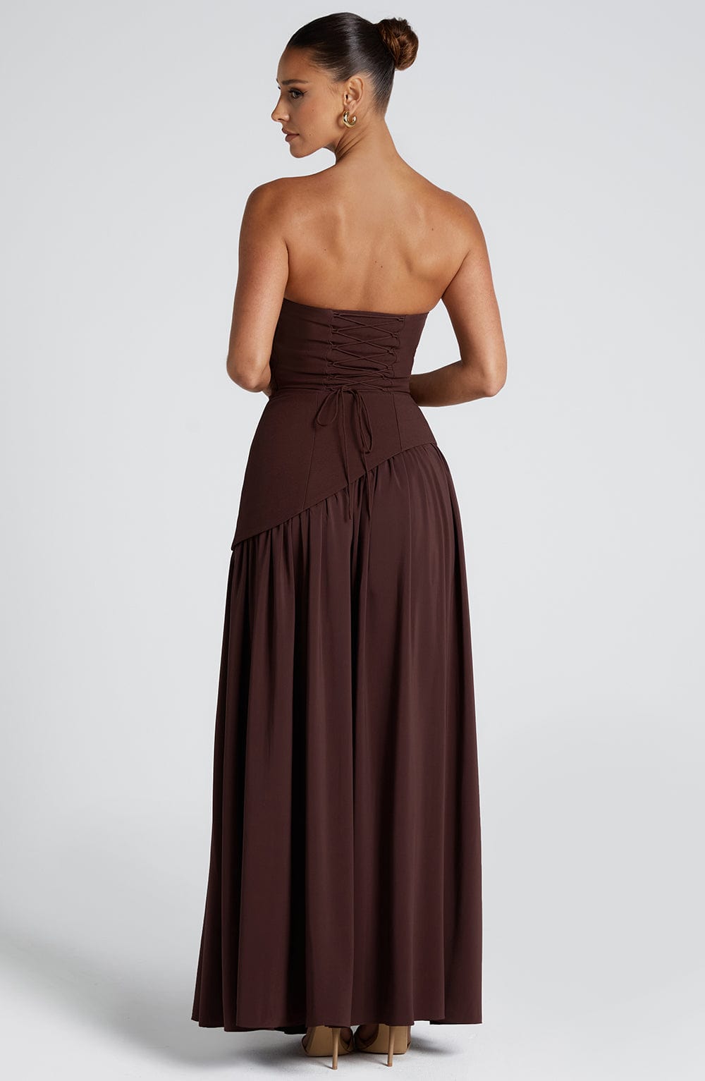 Women's Strapless Maxi Dress with High Slit and Asymmetric Waist - Sofia Maris