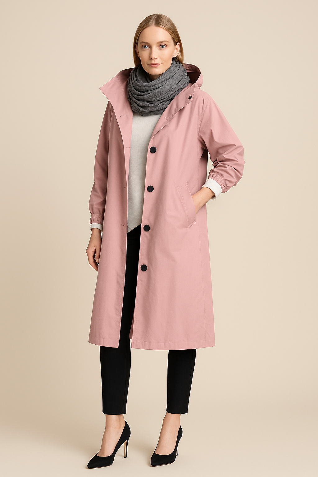 Ruby – Women’s Hooded Long Trench Coat with Pockets - Sofia Maris
