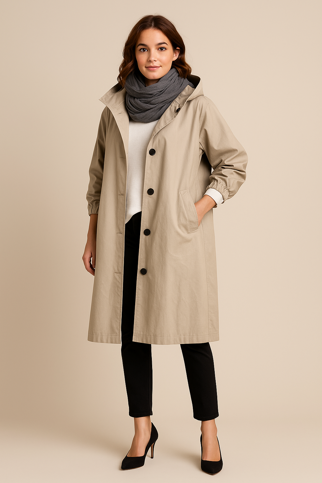 Ruby – Women’s Hooded Long Trench Coat with Pockets - Sofia Maris