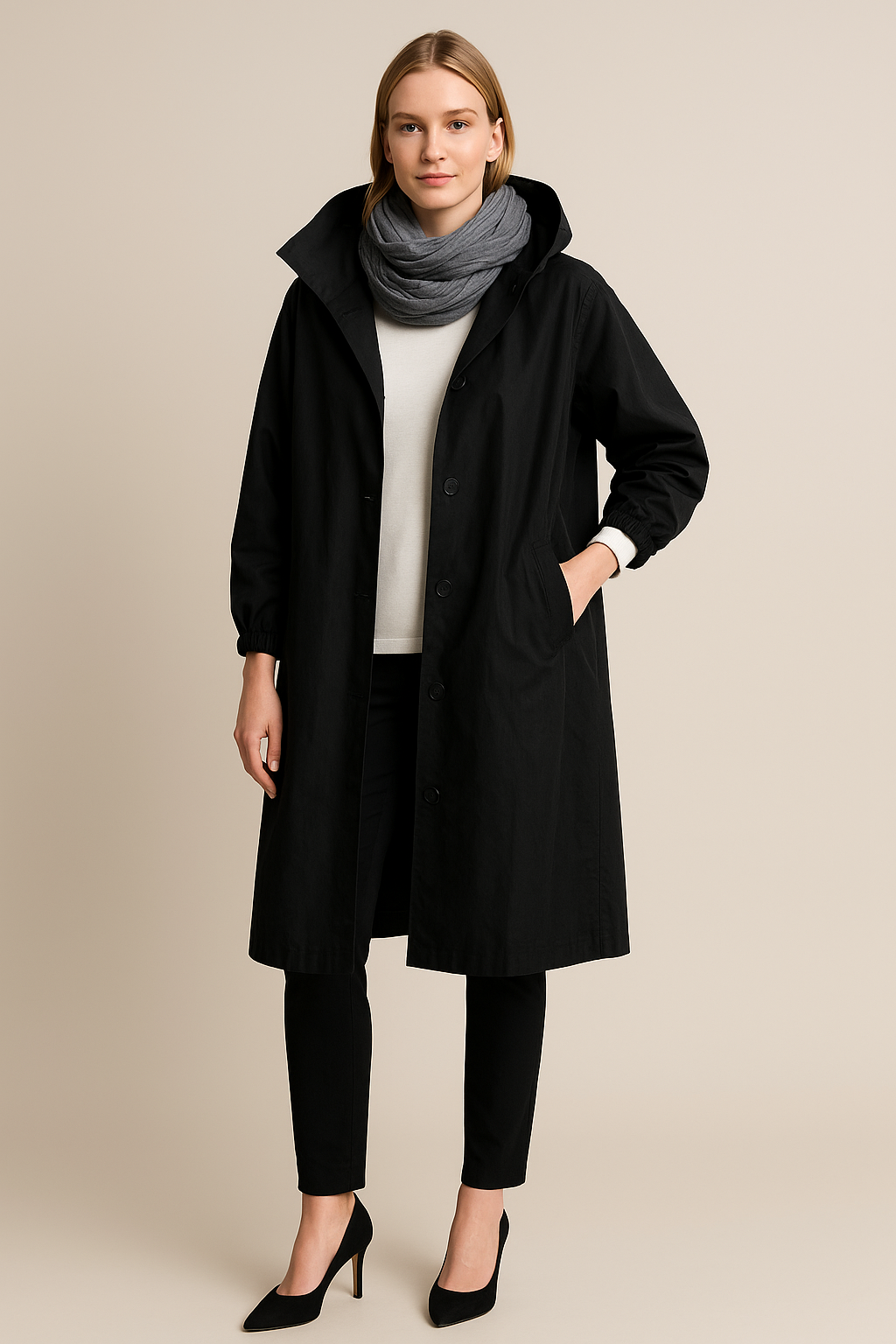 Ruby – Women’s Hooded Long Trench Coat with Pockets - Sofia Maris