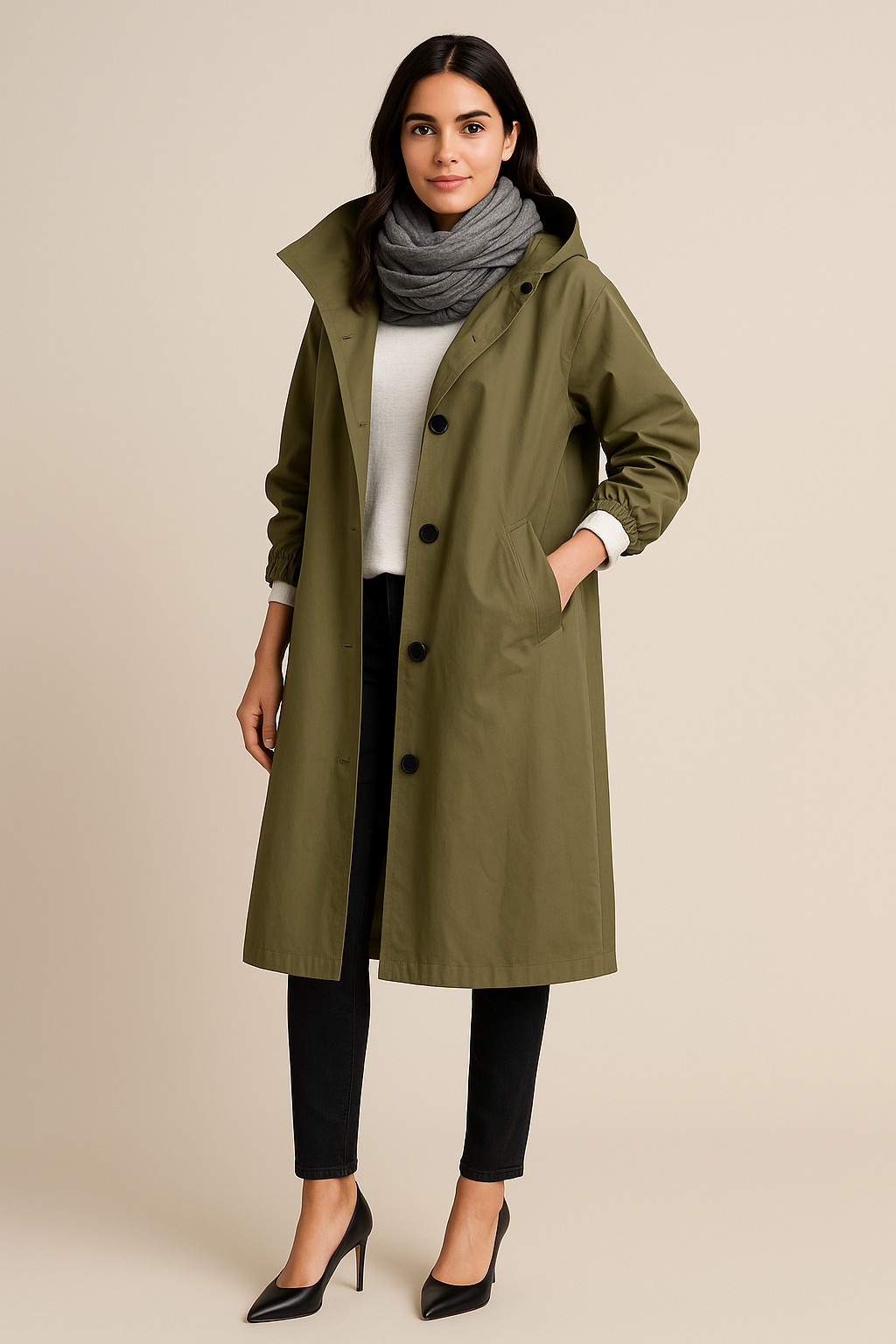 Ruby – Women’s Hooded Long Trench Coat with Pockets - Sofia Maris