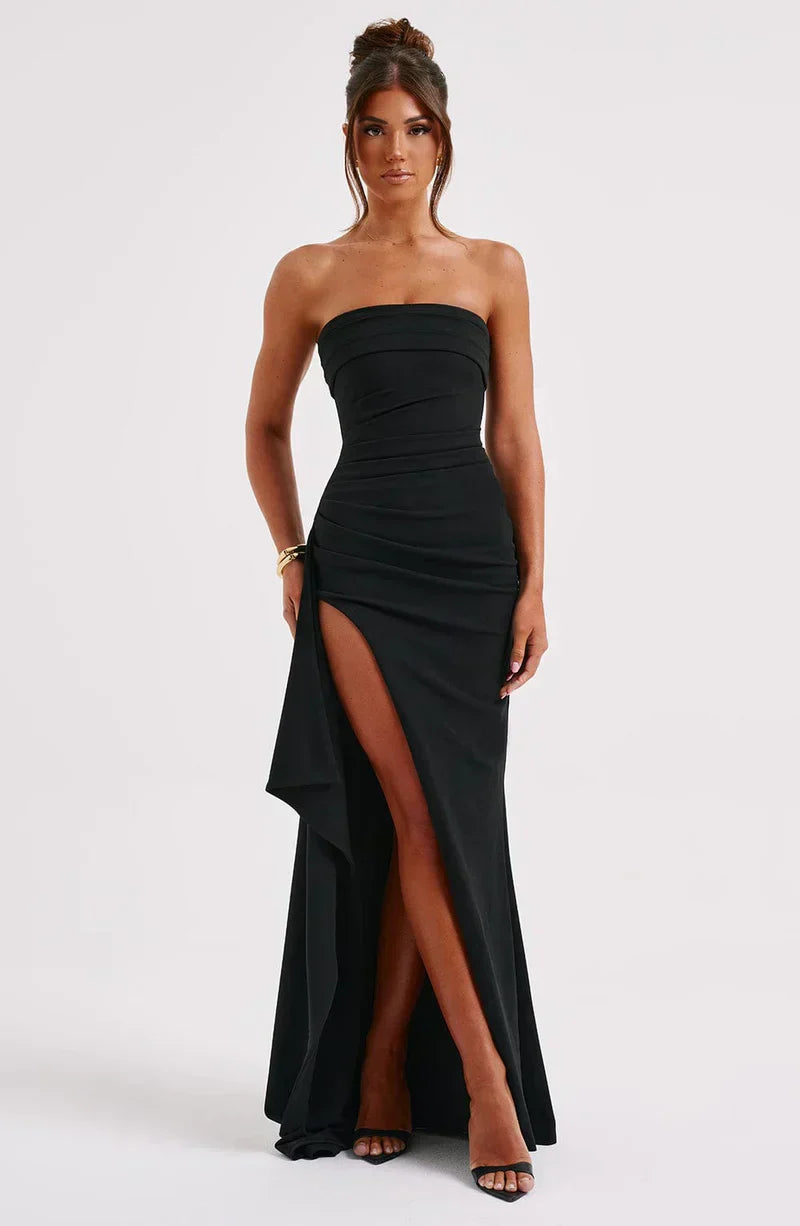 Women's Strapless Maxi Dress with Side Slit and Draped Skirt - Sofia Maris