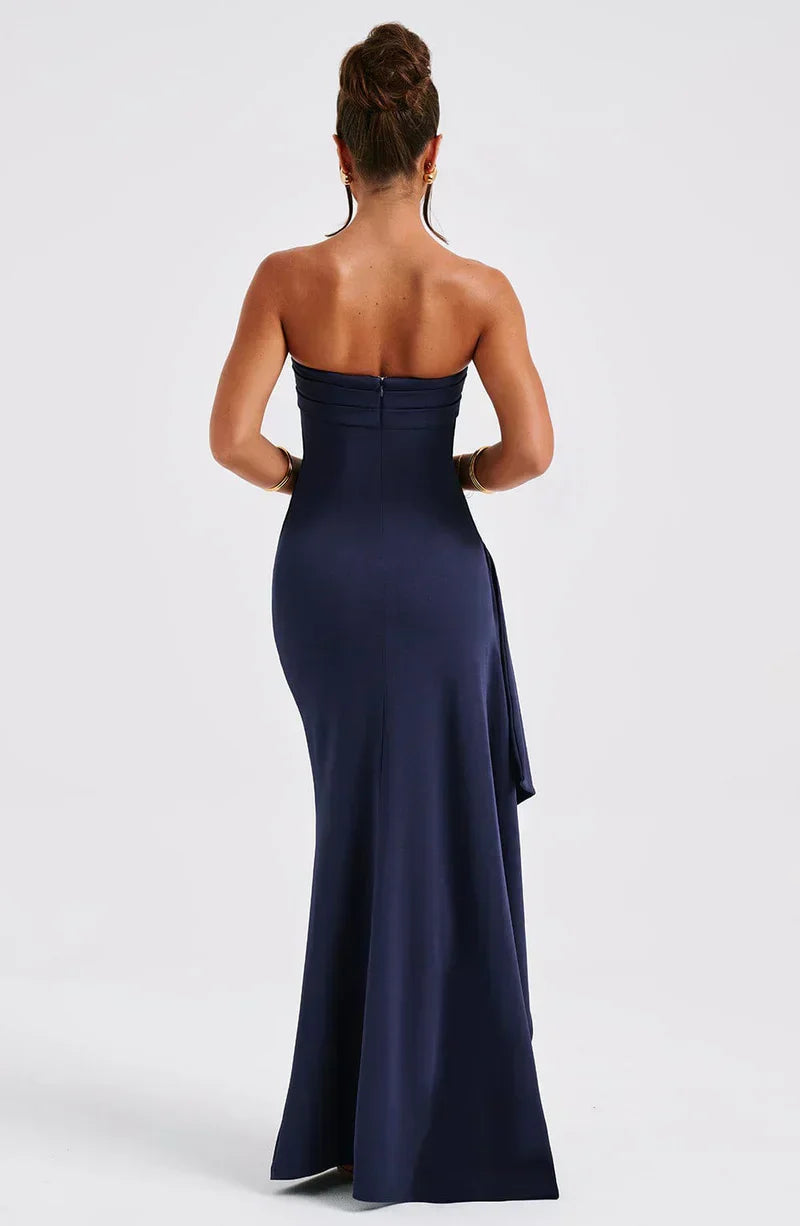 Women's Strapless Maxi Dress with Side Slit and Draped Skirt - Sofia Maris