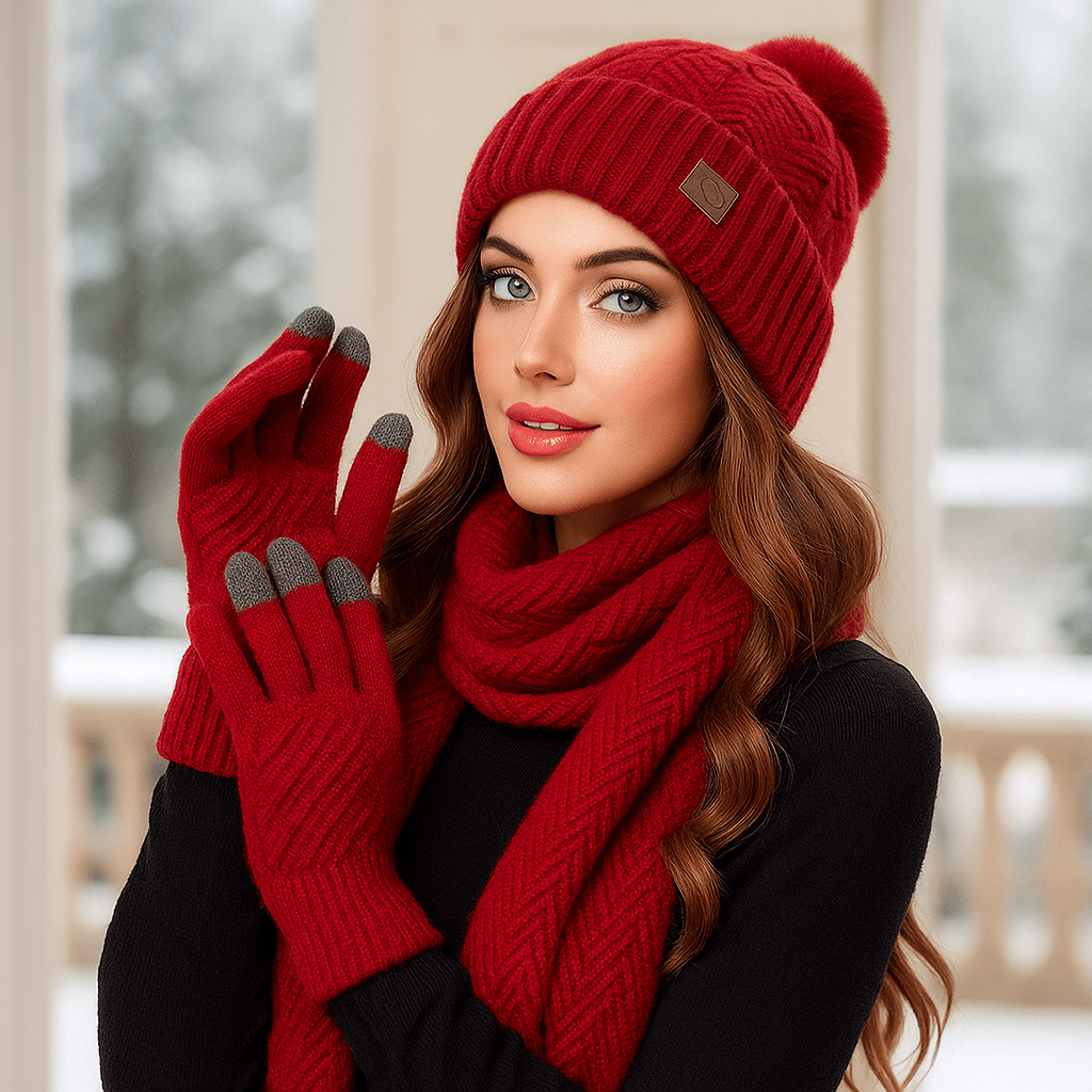 Cozy Women’s Cold-Weather Set – Knitted Hat, Scarf and Gloves